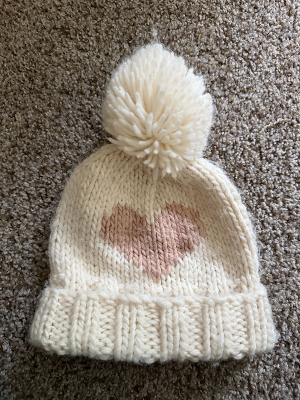 Kids Cream Knit Pom Beanie with Pink Heart Accent